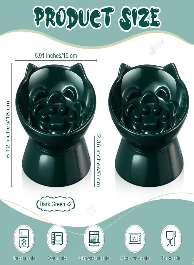 Funnymoom وعاءان مرتفعان من السيراميك من Funnymoom للقطط، قطعتان، لتغذية بطيئة، وعاء مائل لطيف مضاد للتقيؤ، مناسب للطعام الجاف والرطب والماء، سهل التنظيف، حافة عالية، مناسب للحيوانات الأليفة الصغيرة (أخضر داكن). - Image 2